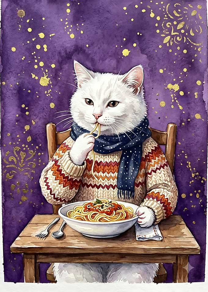 White Cat Eating Spaghetti Illustration