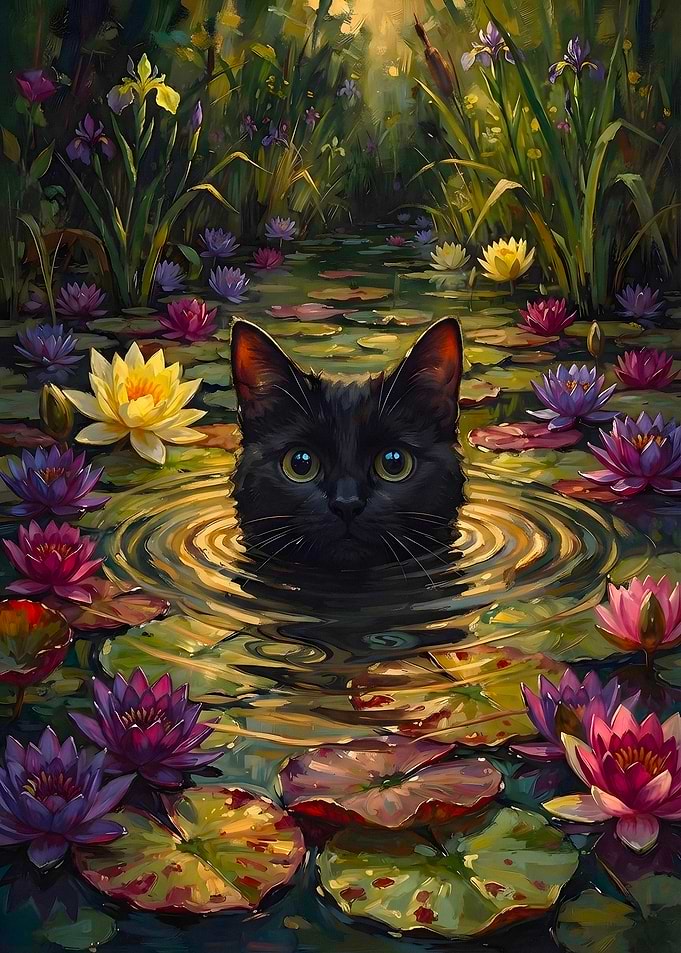 Black Cat in Water Lily Pond