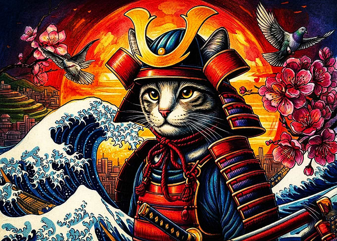 Samurai Cat with Great Wave