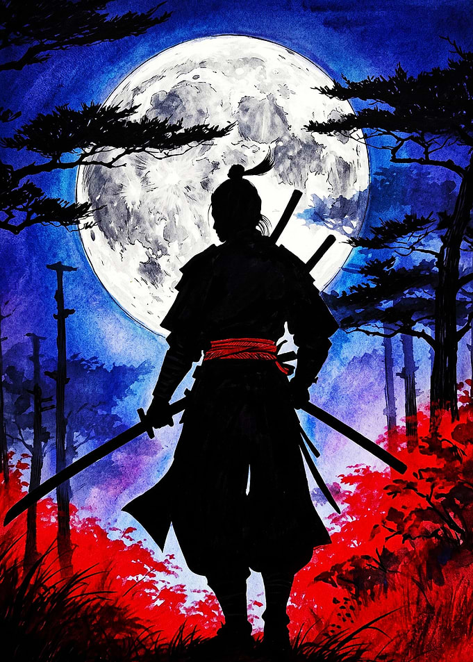 Samurai Silhouette Under Full Moon