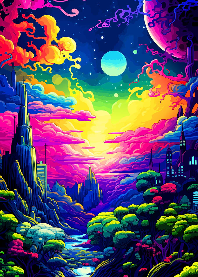 Psychedelic Fantasy Landscape with Floating City