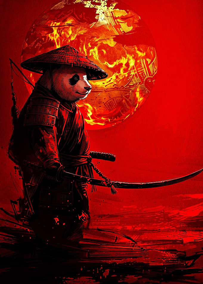 Panda Samurai Warrior Under Red Moon