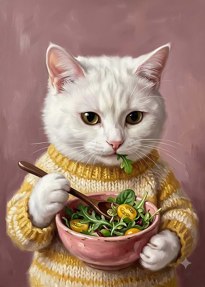 White Cat Eating Salad