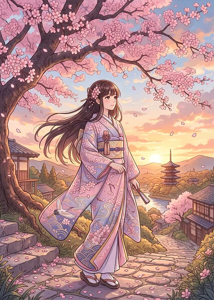 Girl in Kimono Under Cherry Blossoms