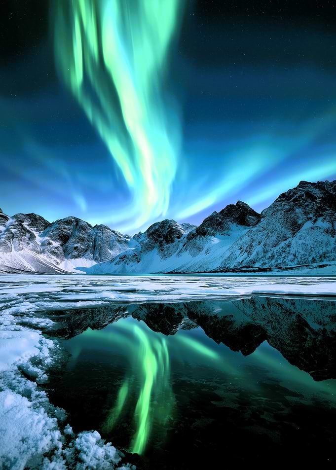 Aurora Borealis Over Snowy Mountains