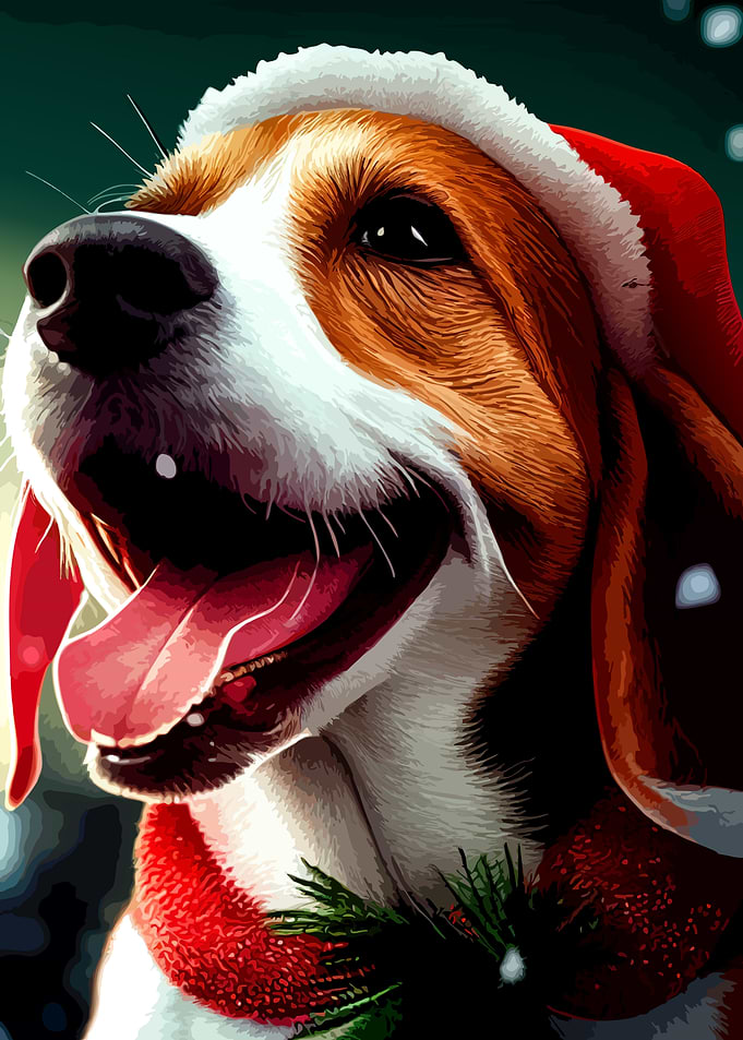 Happy Beagle in Christmas Santa Hat