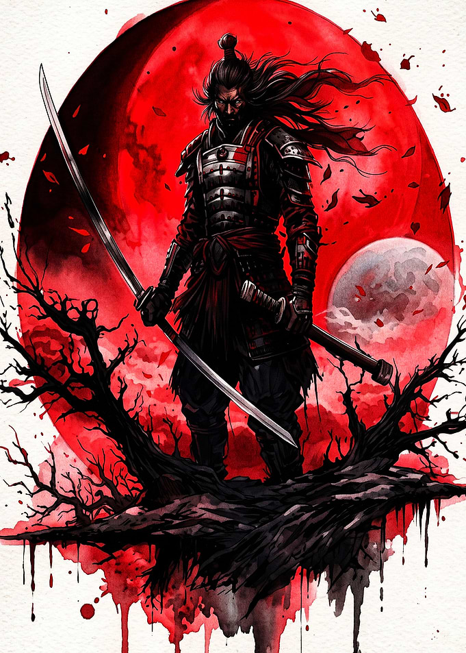 Samurai Warrior Under Red Moon