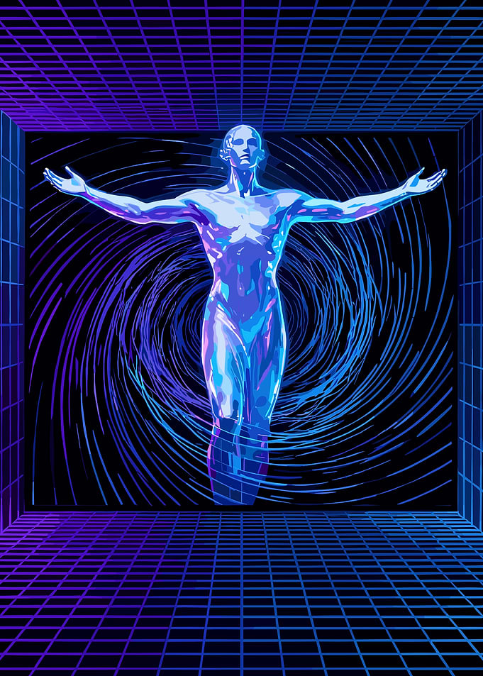 Cybernetic Humanoid in Digital Vortex