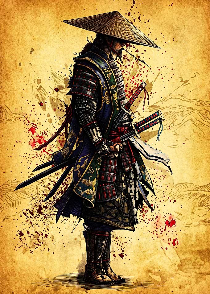 Samurai Warrior with Katana Swords