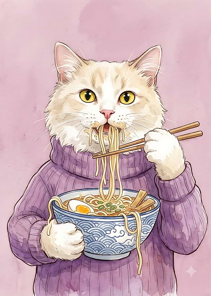Cute Cat Eating Ramen Noodles