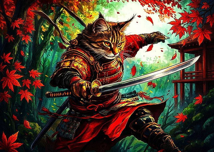 Samurai Cat Warrior in Autumn Forest