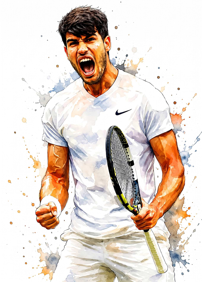 Carlos Alcaraz Tennis Victory Watercolor Portrait
