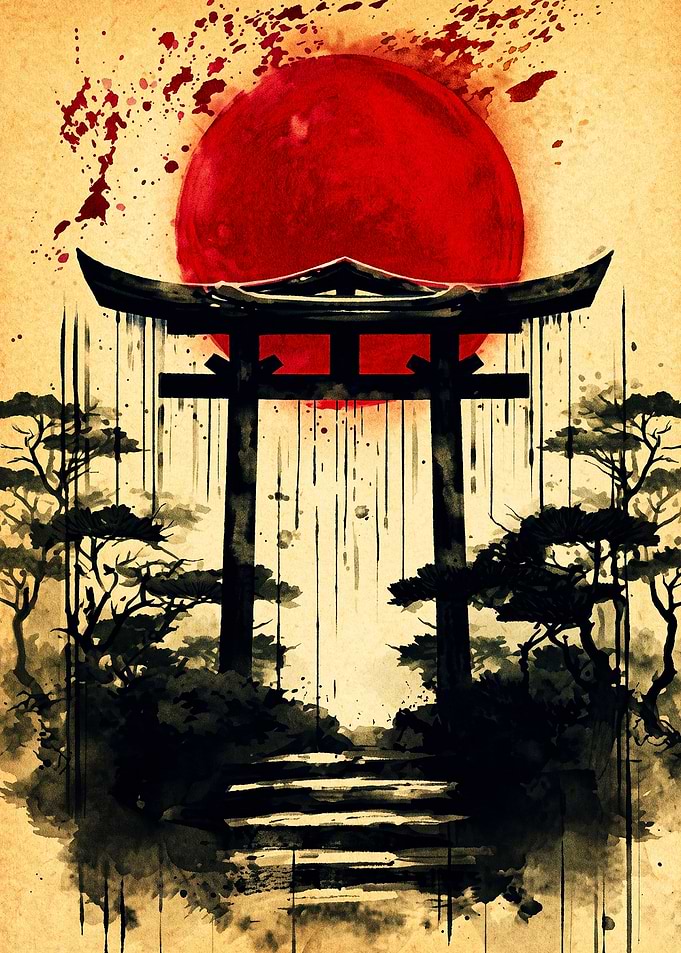 Japanese Torii Gate and Red Sun