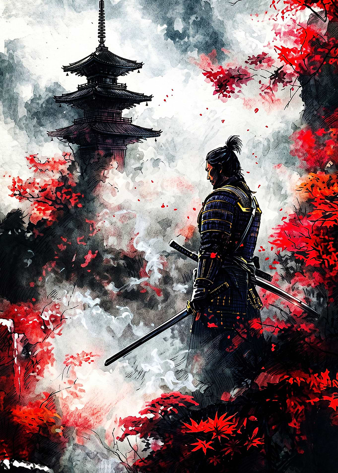 Samurai Standing Before Ancient Pagoda