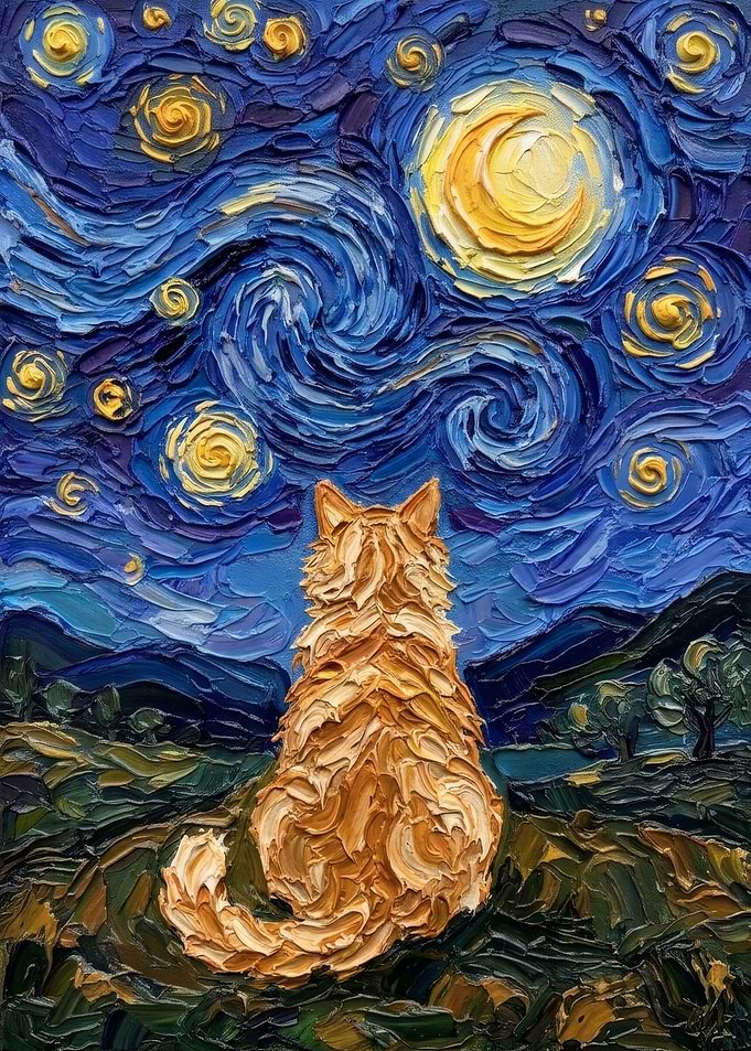 Ginger Cat Watching Starry Night