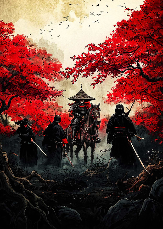 Samurai Warriors in Red Forest