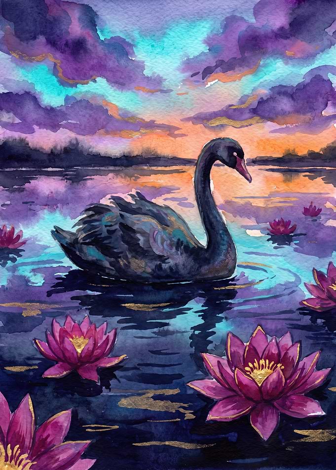 Black Swan on Water with Lilies