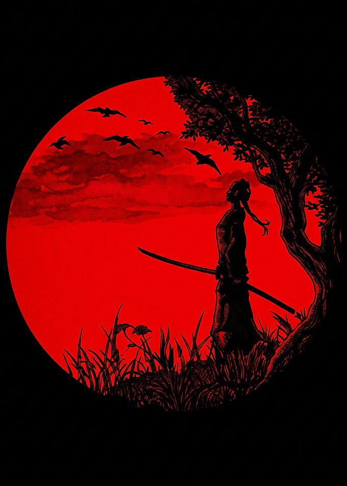 Samurai Silhouette Under Red Moon