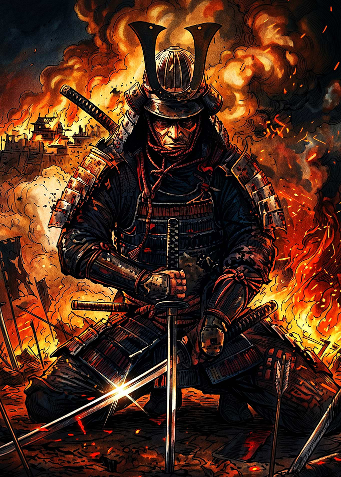 Samurai Warrior Amidst Battlefield Fire