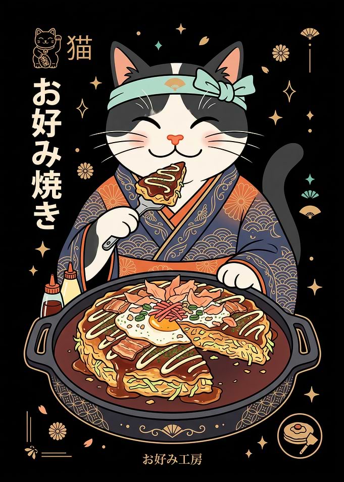Cute Cat Eating Okonomiyaki Illustration