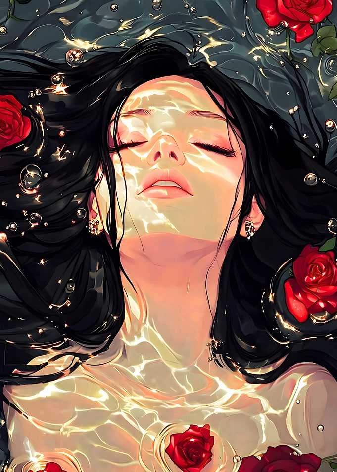 Japanes Girl Floating in Water with Roses