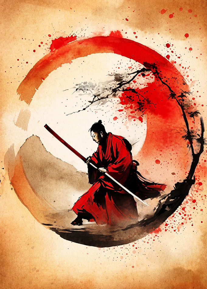 Samurai Warrior in Red Ink Wash