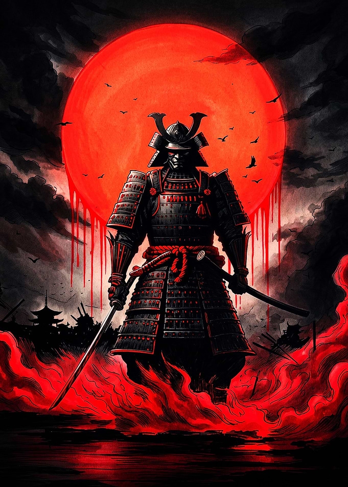 Samurai Warrior Under Blood Red Moon