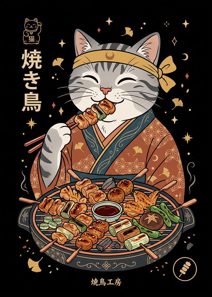 Cute Cat Eating Yakitori Illustration