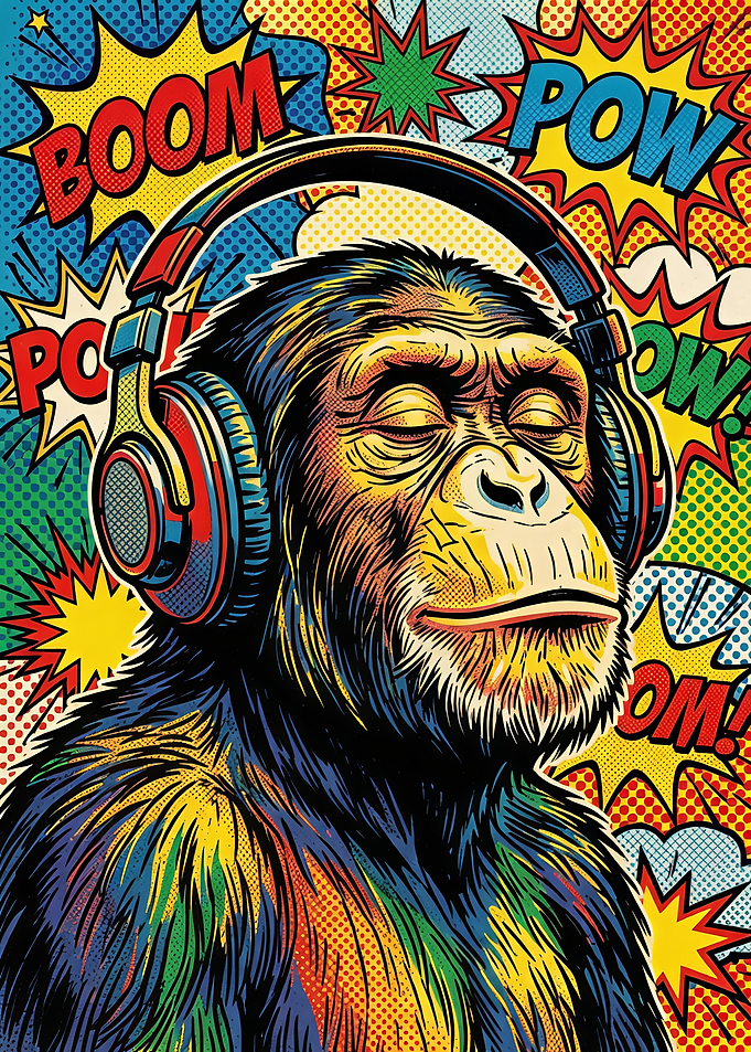 Pop Art Monkey Listening to Music