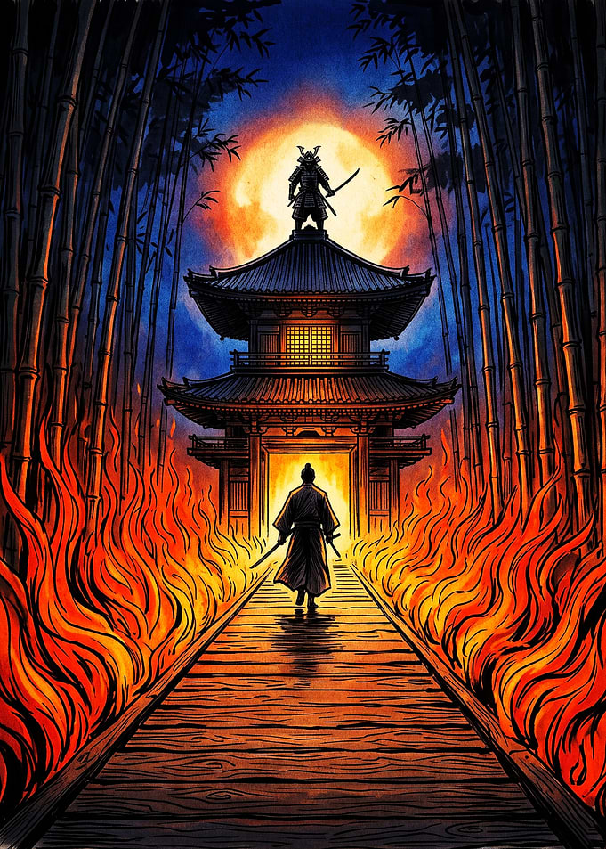 Samurai Facing Fire at Temple Gate