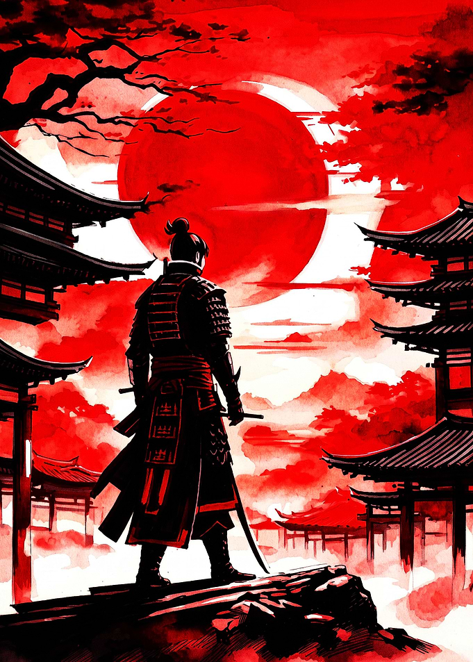 Samurai Standing Before Red Moon
