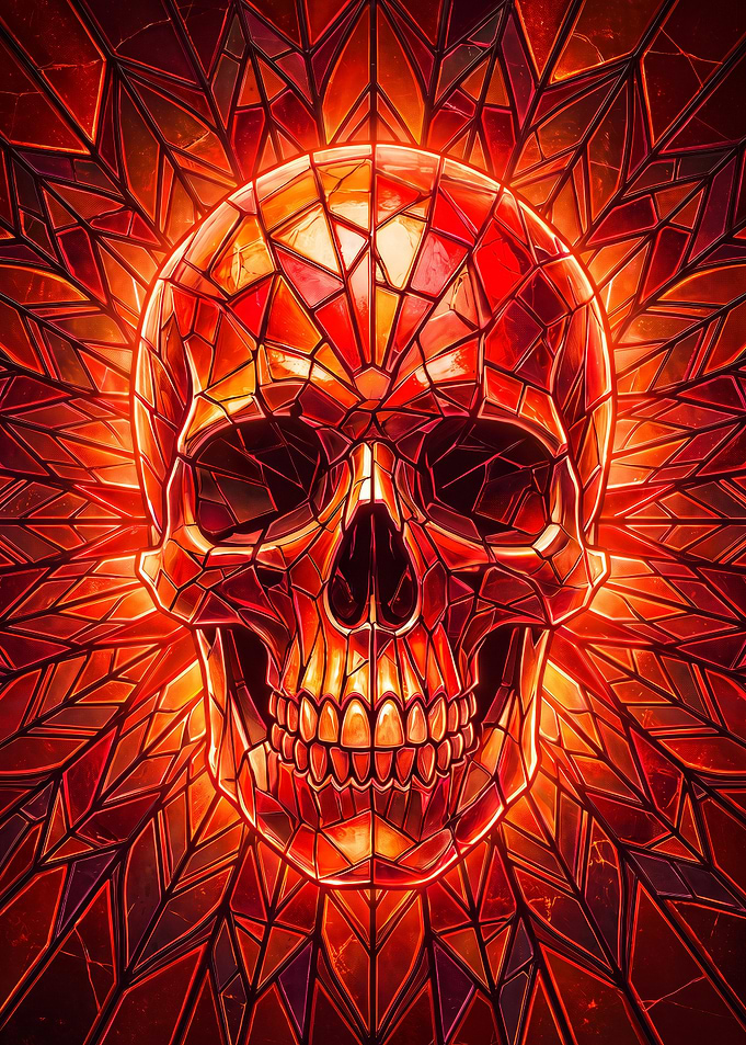 Stained Glass Glowing Red Skull