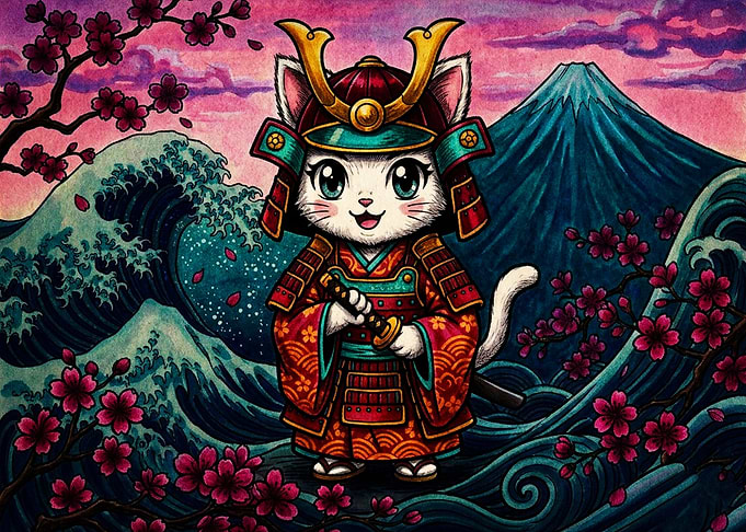 Cute Samurai Cat with Mount Fuji