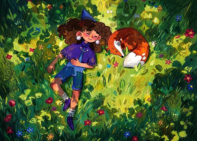 Girl and Fox Resting in Meadow