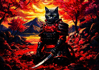 Samurai Cat in Red Autumn Forest