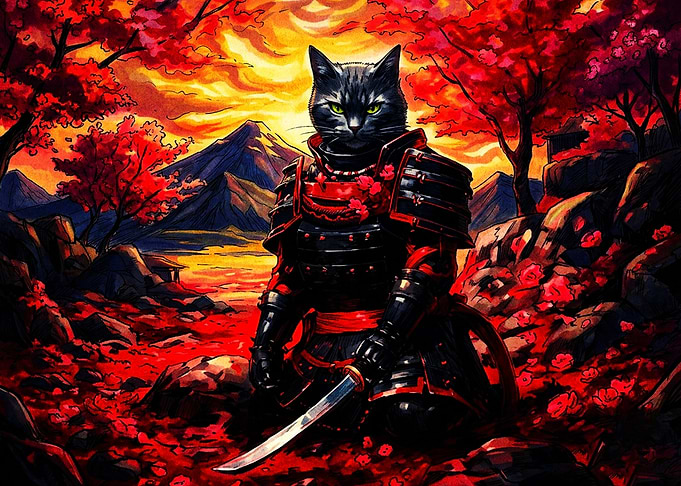 Samurai Cat in Red Autumn Forest