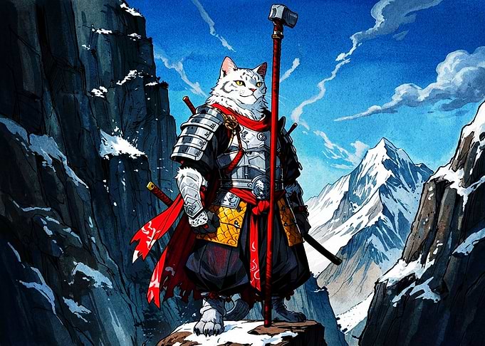 Samurai Cat Warrior in Snowy Mountains