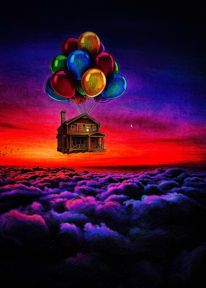 House Floating with Colorful Balloons