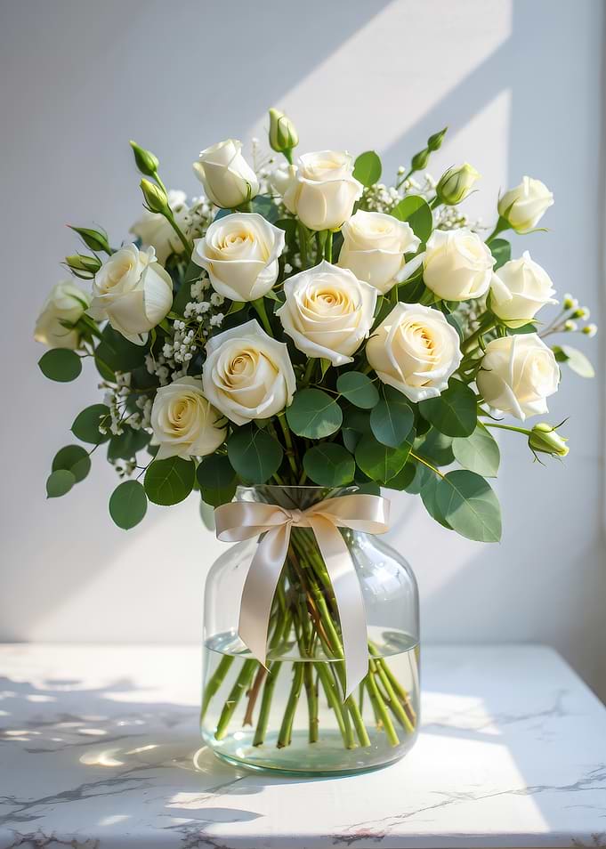 Elegant White Rose Bouquet in Vase