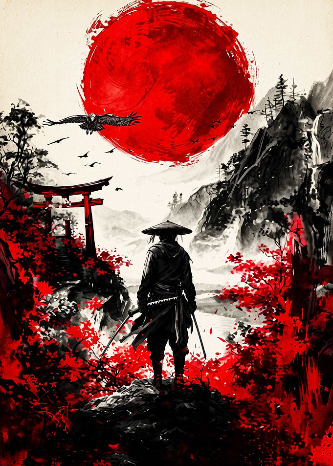 Samurai Standing Before Red Sun