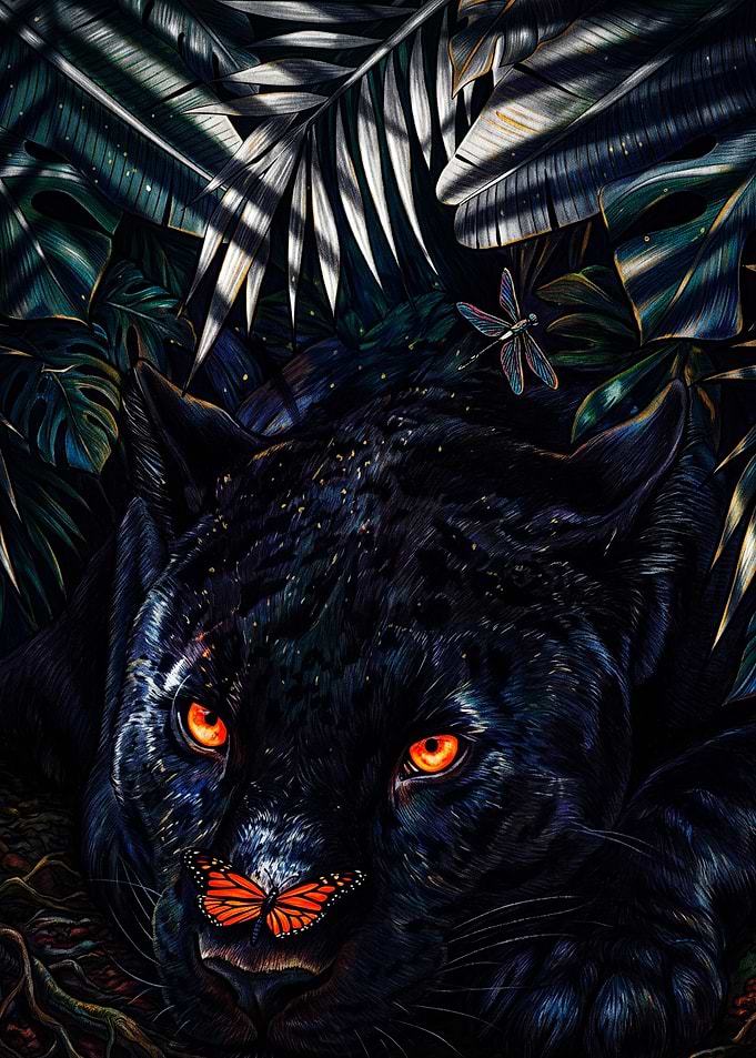 Black Panther with Monarch Butterfly
