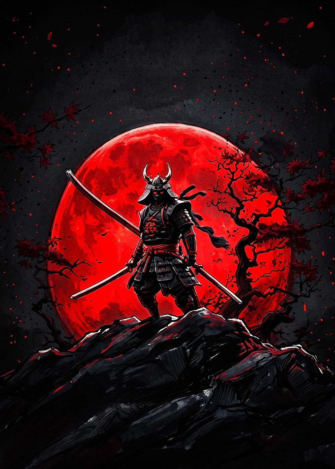 Samurai Warrior Under Red Moon