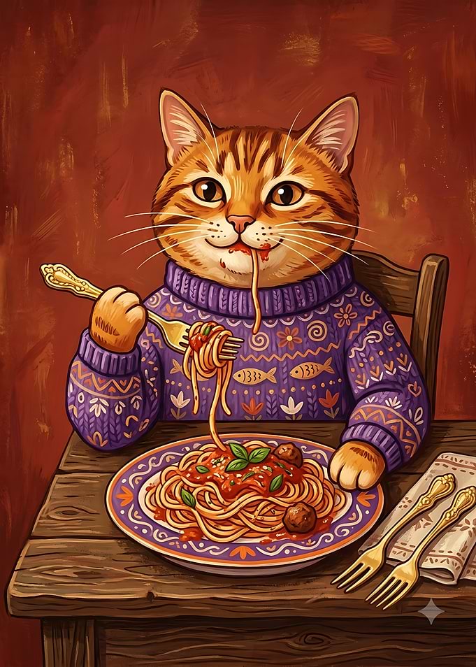 Cute Cat Eating Spaghetti Dinner