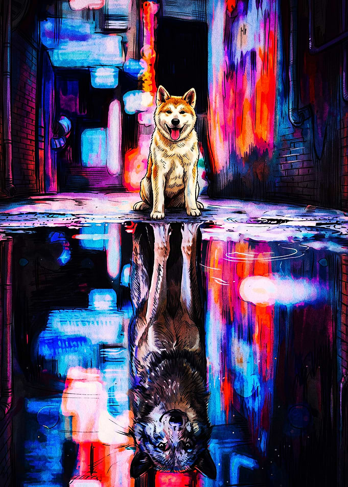 Akita Dog Reflection in Neon Alley