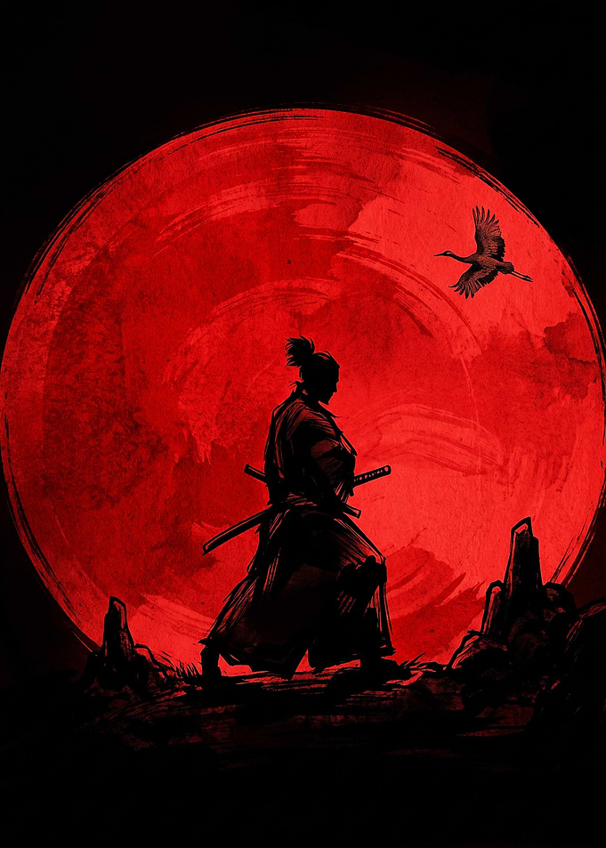 Samurai Silhouette Against Red Moon