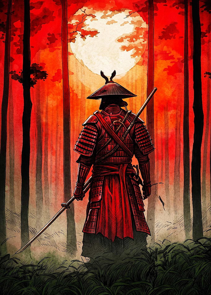 Samurai Warrior in Red Forest