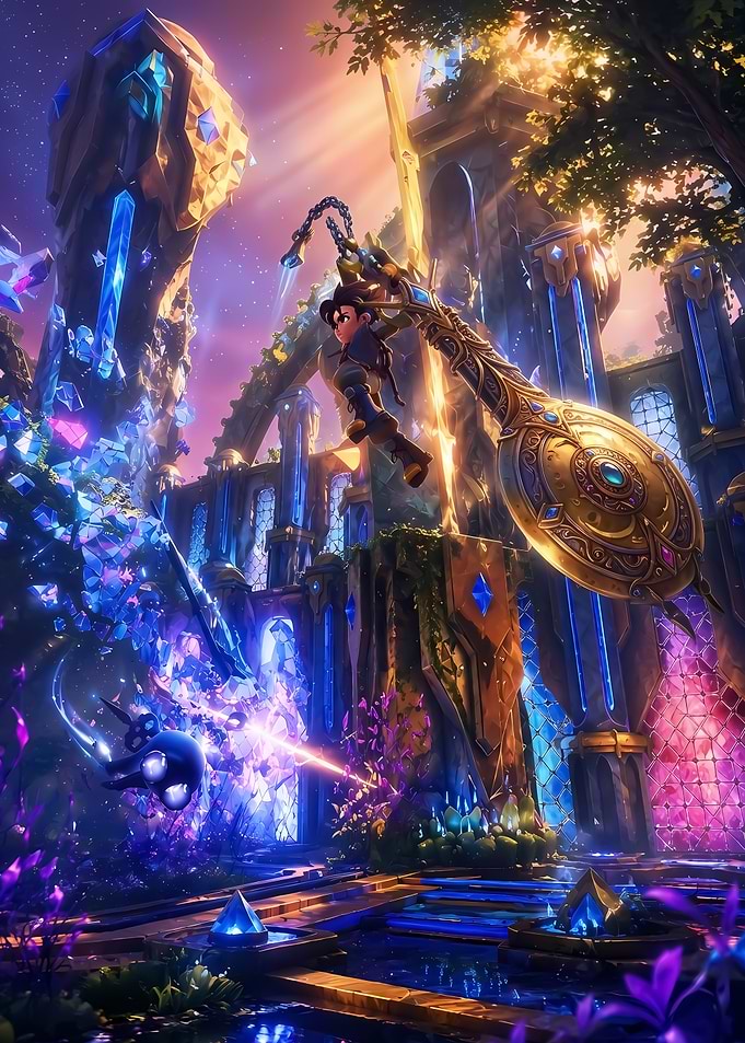 Fantasy Hero Swinging in Crystal Ruins