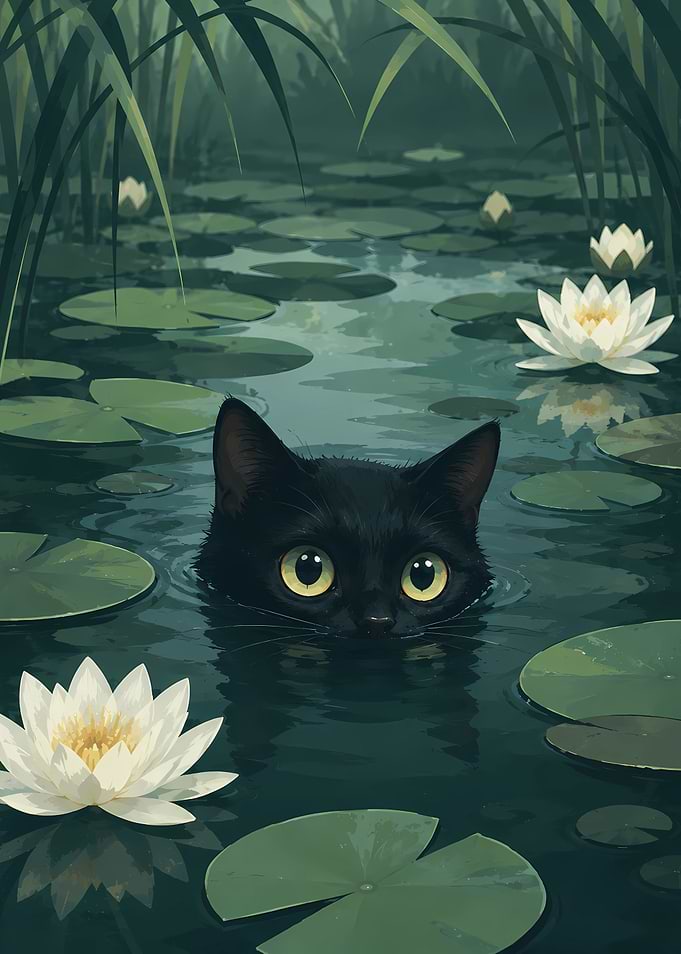 Black Cat in Water Lily Pond