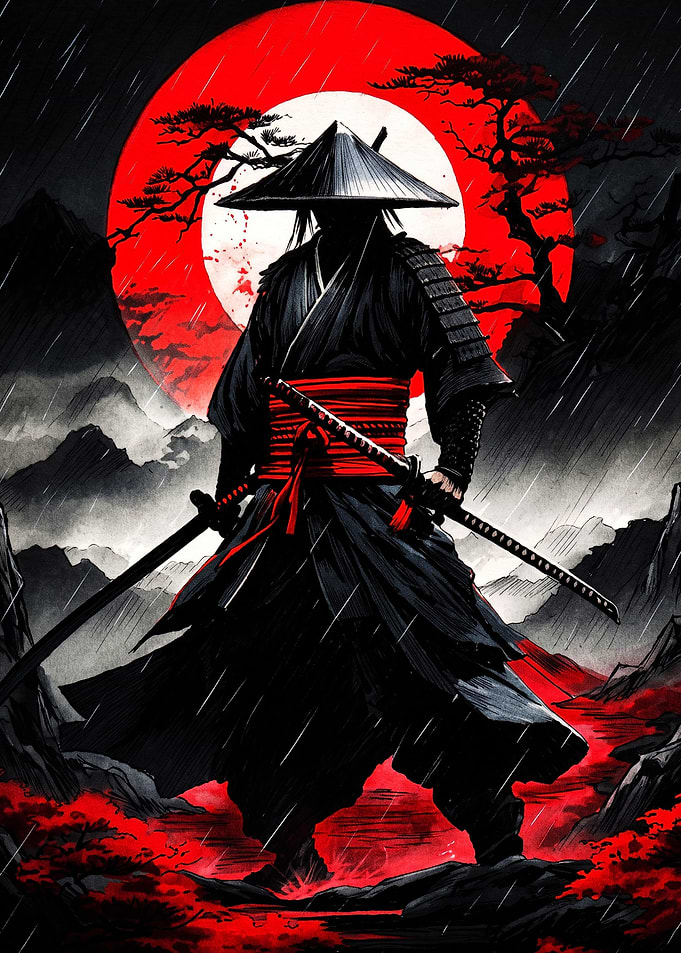Samurai Warrior Under Red Moon