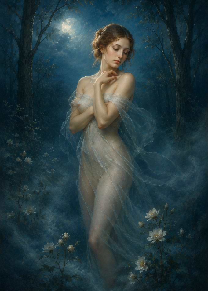 Ethereal Woman in Moonlight Forest